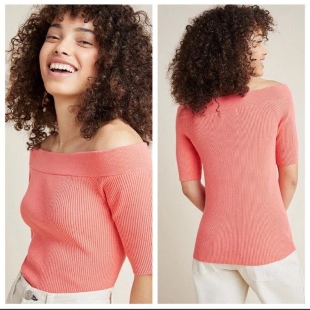Anthropologie‎ Off Shoulder Top Ribbed Knit Half Sleeve Blouse Salmon Pink Small